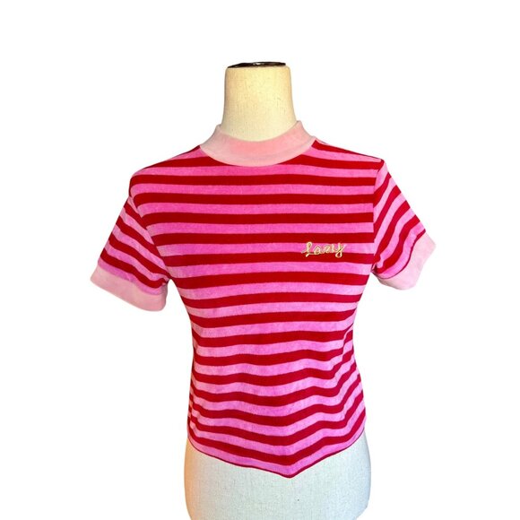 Lazy Oaf Pink & Red Striped Velour Tee Shirt | Small | Y2K Kawaii Soft Girl - Picture 1 of 8